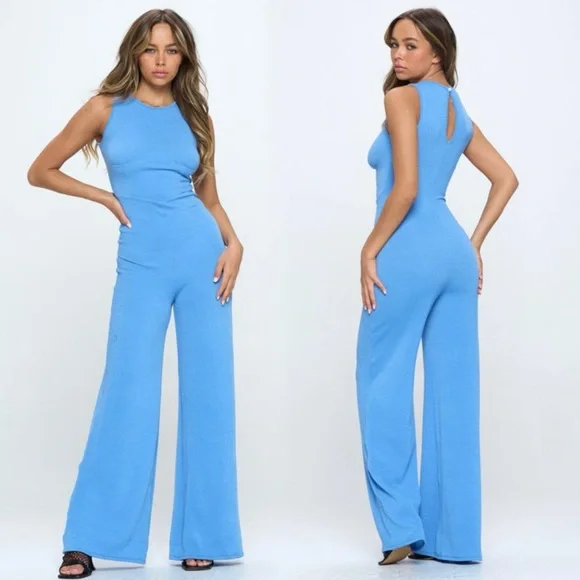 Blue Thick Ribbed Sleeveless Jumpsuit - Picture 3 of 9